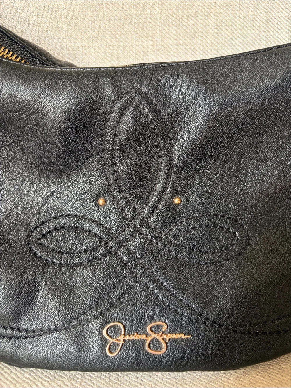 Jessica Simpson Black Leather Sling Hobo Bag with Western Stitching